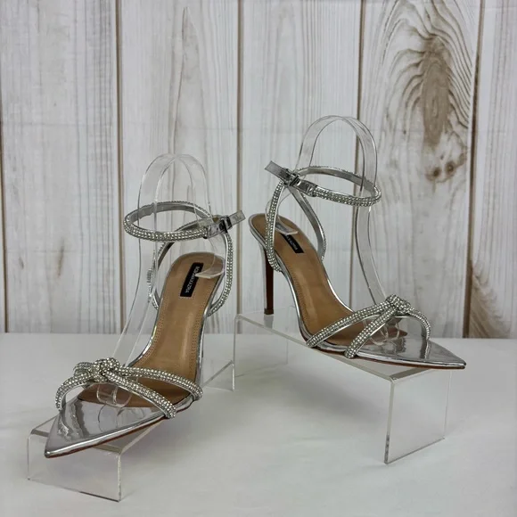BCBGMaxazria Leather Heels Rhinestone Strappy Stiletto Elegant Pumps Silver Sz 9 - Picture 3 of 16